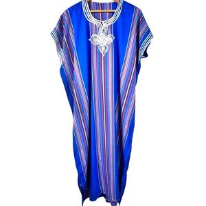 Moroccan Kaftan Gandoura Dress, One Size, Ethnic Loungewear Long Maxi, Blue